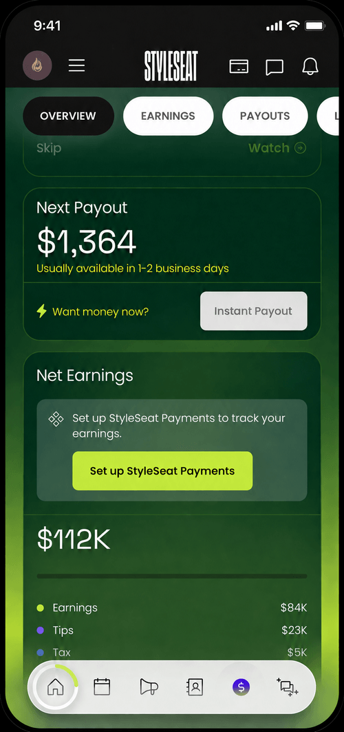 StyleSeat earnings screen