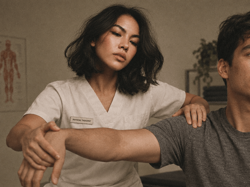 A physical therapist in a beige uniform with a name tag labeled 'Physical Therapist' assisting a male patient by gently moving his extended arm during a therapy session in a clinical setting.