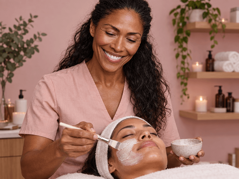 Smiling esthetician wearing a pink uniform applies a white facial mask with a brush to a relaxed woman lying down with a white headband, in a softly lit spa room with candles and plants in the background.
