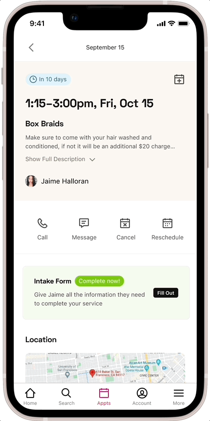 StyleSeat app appointment screen prompting the client to complete an intake form before their box braids appointment