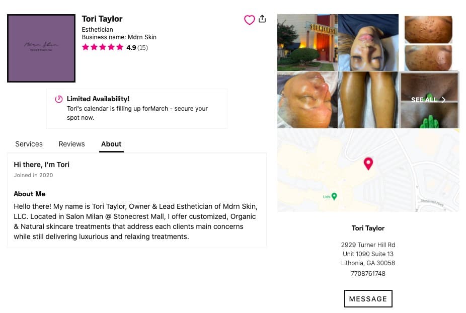 A StyleSeat esthetician profile showing services, reviews, portfolio photos, and location