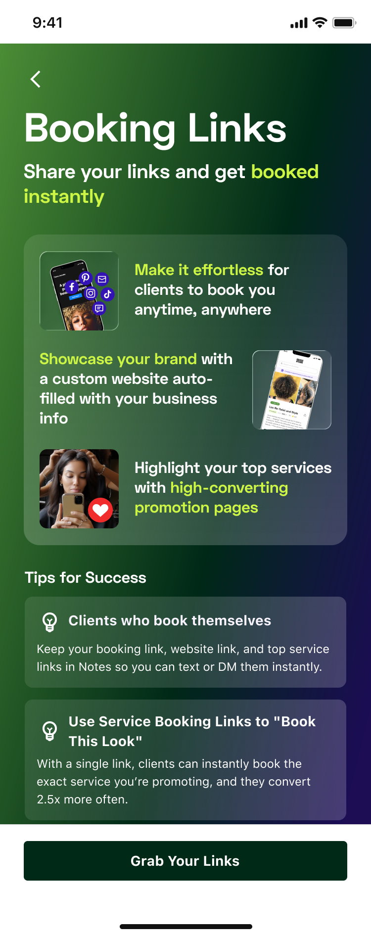 StyleSeat Booking Links introduction screen with the tagline share your links and get booked instantly