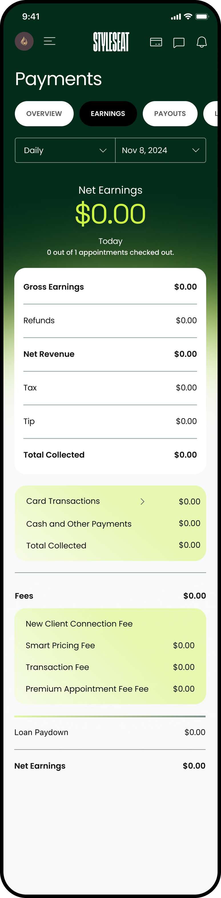 StyleSeat Earnings tab showing gross and net earnings, refunds, tax, tips, total collected split by card and cash, and a fees breakdown