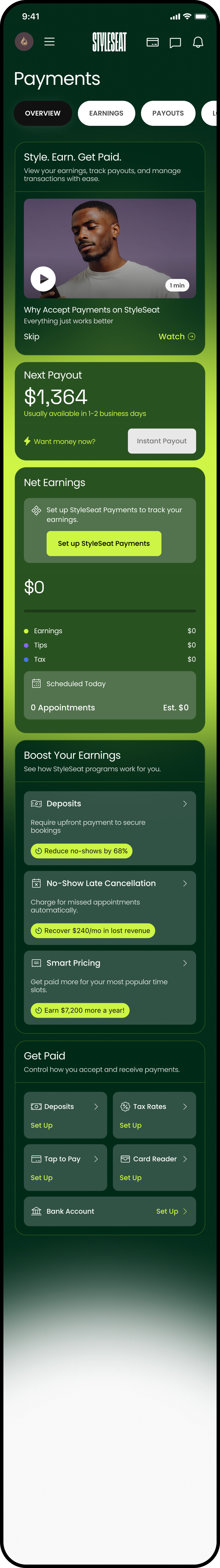StyleSeat Earnings Overview screen showing next payout, net earnings split into earnings, tips and tax, and appointments scheduled today
