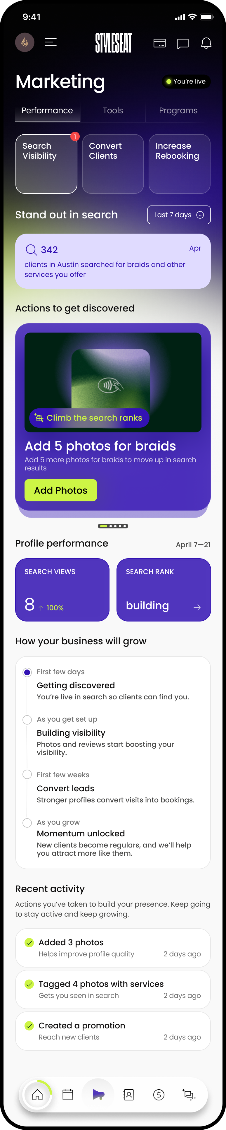 StyleSeat Marketing Suite Performance tab showing a local search demand count, suggested actions to get discovered with time estimates, a profile performance panel with search views and search rank, and a growth timeline
