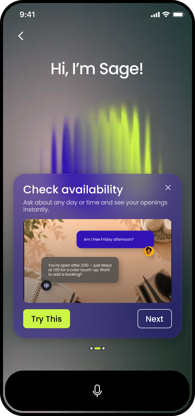 StyleSeat Sage onboarding card reading Check availability, showing a pro asking Am I free Friday afternoon and Sage replying that she is open after 2:00 apart from one colour touch-up at 1:00