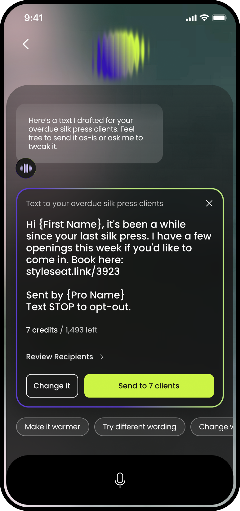 StyleSeat Sage composing a text marketing campaign for the pro to review and approve before it sends