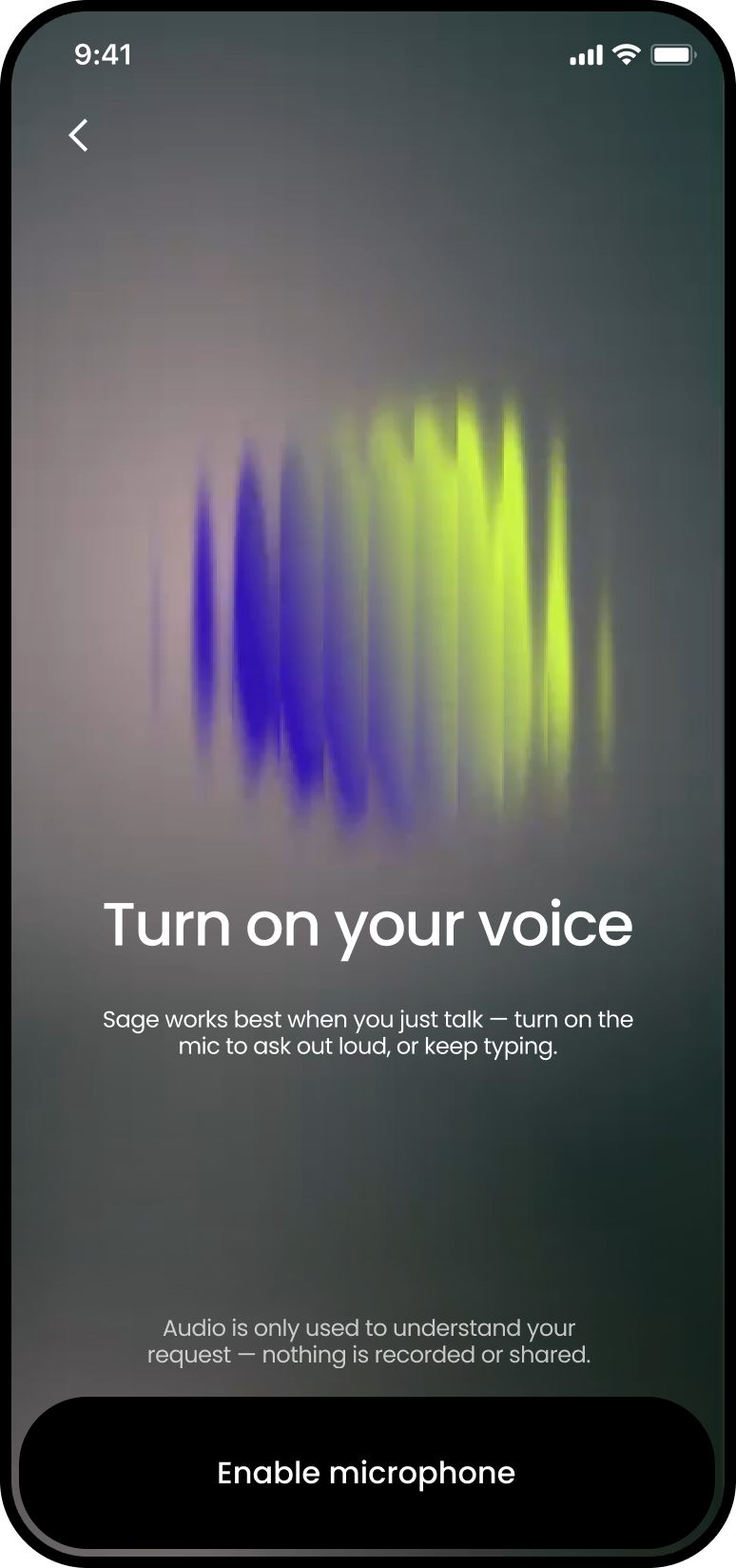 StyleSeat Sage turn on your voice setup screen with an Enable microphone button