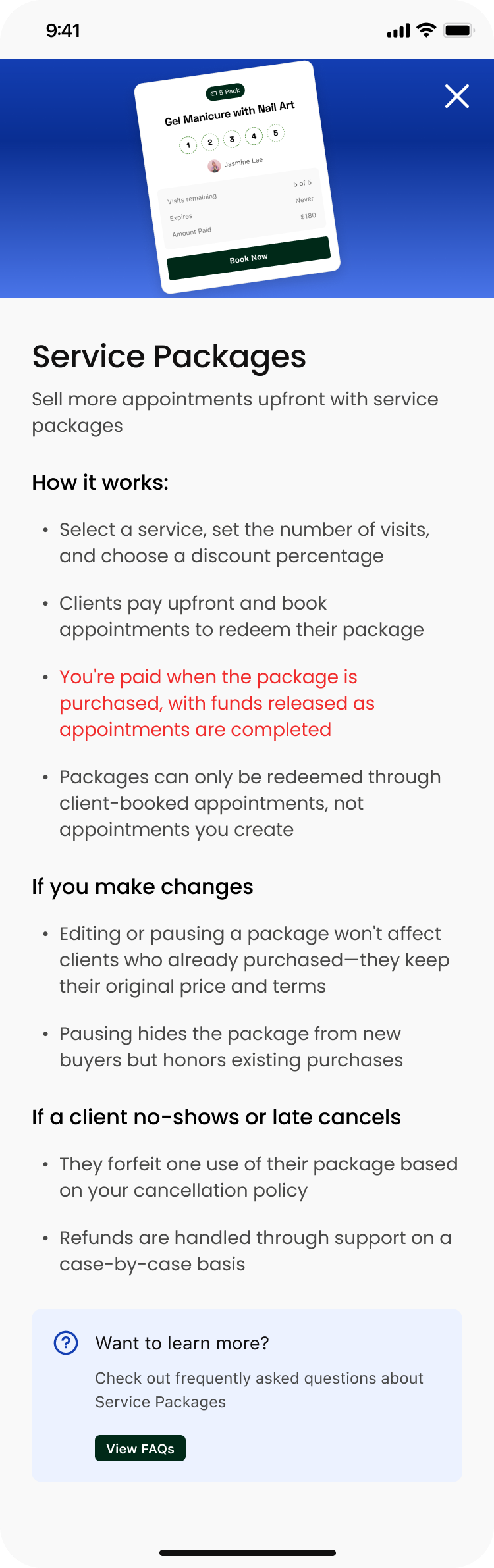 StyleSeat Service Packages explainer screen showing a client's five-pack card for Gel Manicure with Nail Art with visits remaining and amount paid, above rules covering how packages work, editing and pausing, and no-shows