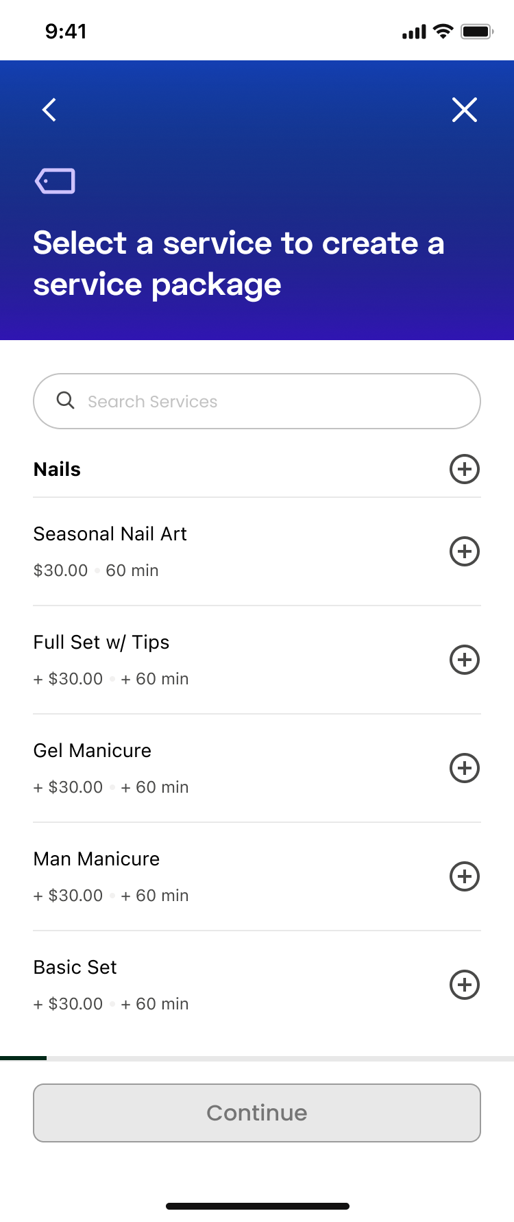 StyleSeat Select a service to create a service package screen, listing a professional's nail services with prices and durations and a plus button beside each