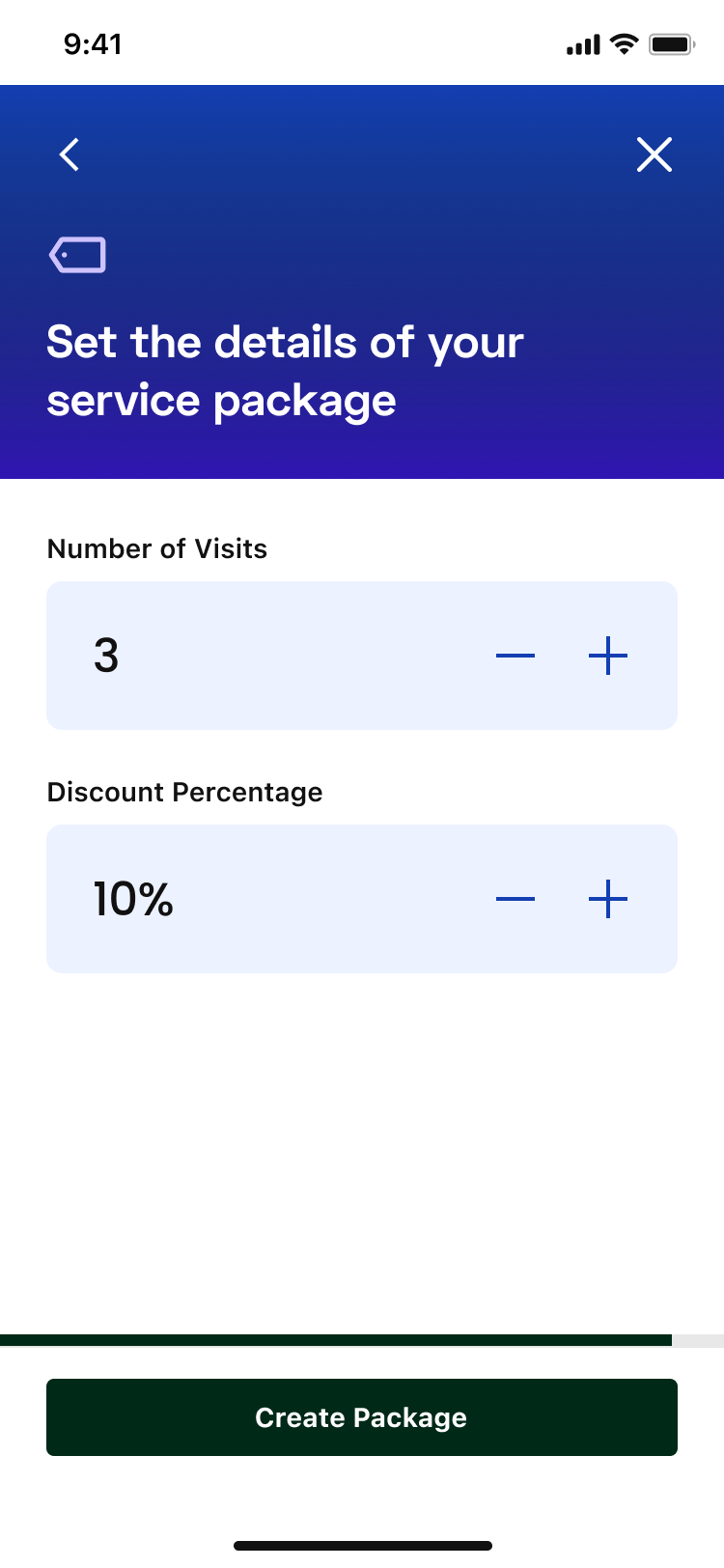 StyleSeat Set the details of your service package screen with a Number of Visits stepper set to 3, a Discount Percentage stepper set to 10 percent, and a Create Package button