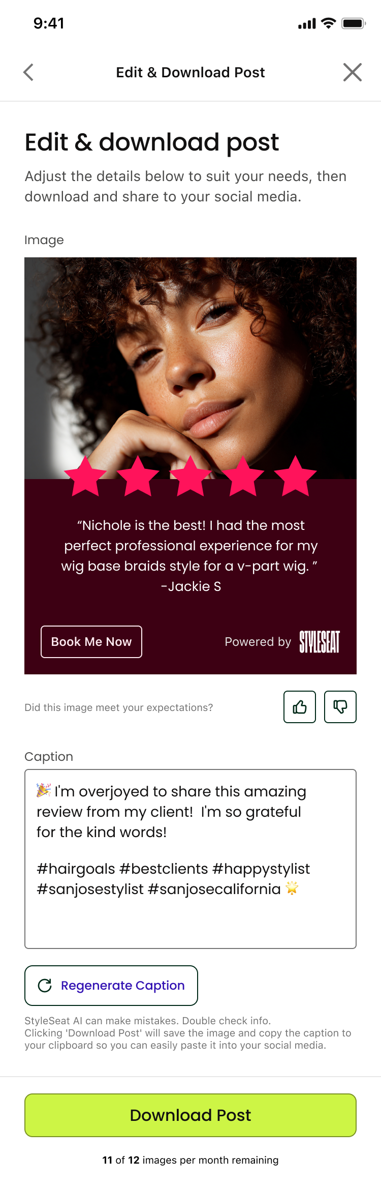 StyleSeat Social Post Builder edit and download screen showing the generated image and caption with Regenerate Caption and Download Post buttons