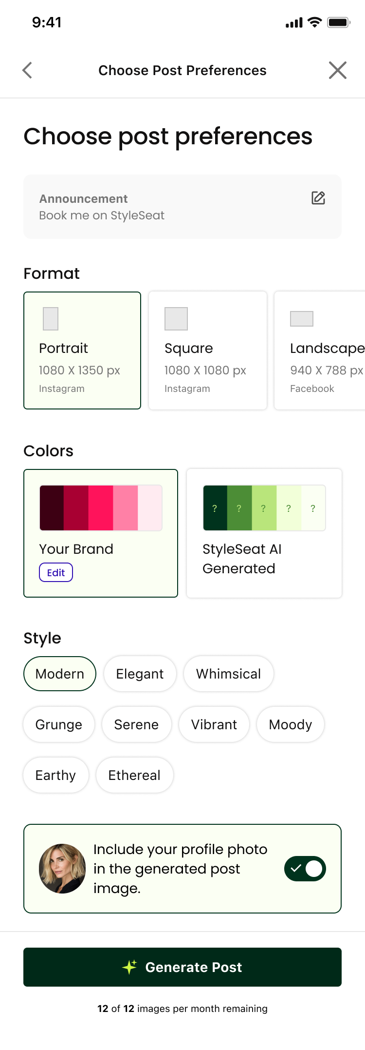 StyleSeat Social Post Builder choose post preferences screen with format, colour and style options and a remaining-generations counter