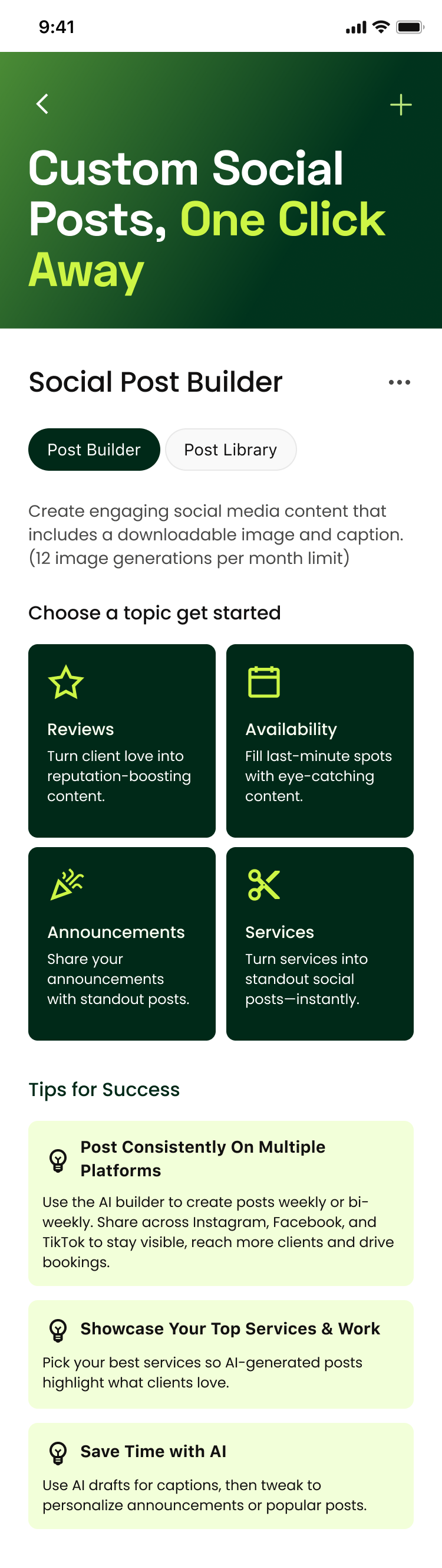StyleSeat Social Post Builder topic picker offering Reviews, Availability, Announcements and Services, with the monthly image generation limit shown