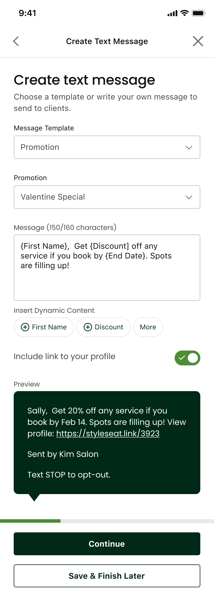 StyleSeat Create text message screen showing a promotion template, a 150-of-160 character message using First Name and Discount tokens, the include-profile-link toggle switched on, and a live preview of the text a client will receive