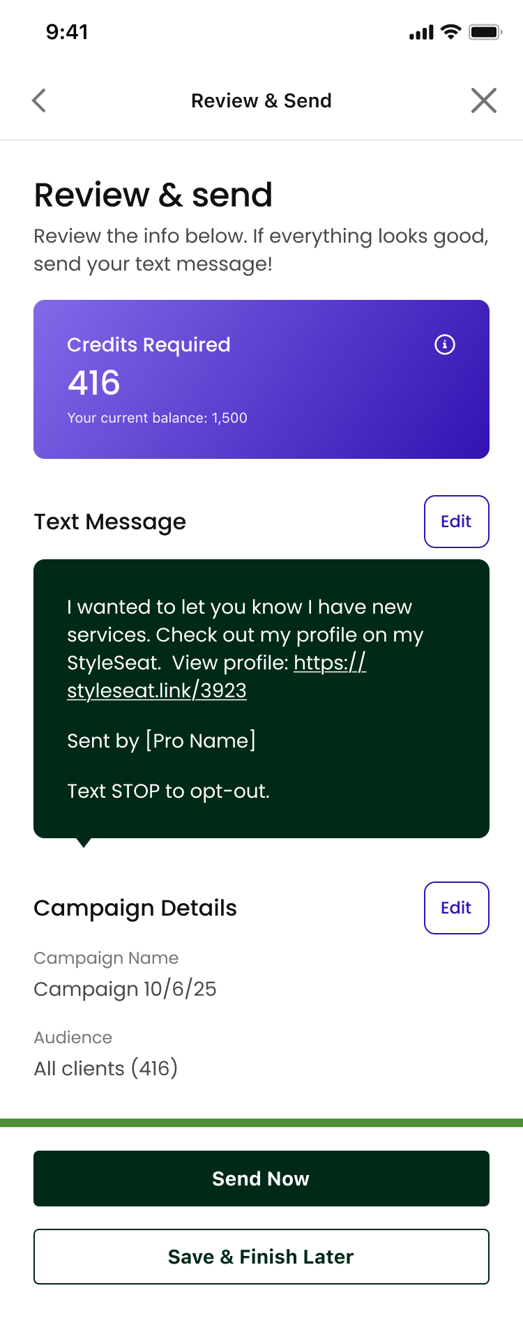 StyleSeat Review and send screen showing 416 credits required against a balance of 1,500, the final message preview, the campaign name and the selected audience