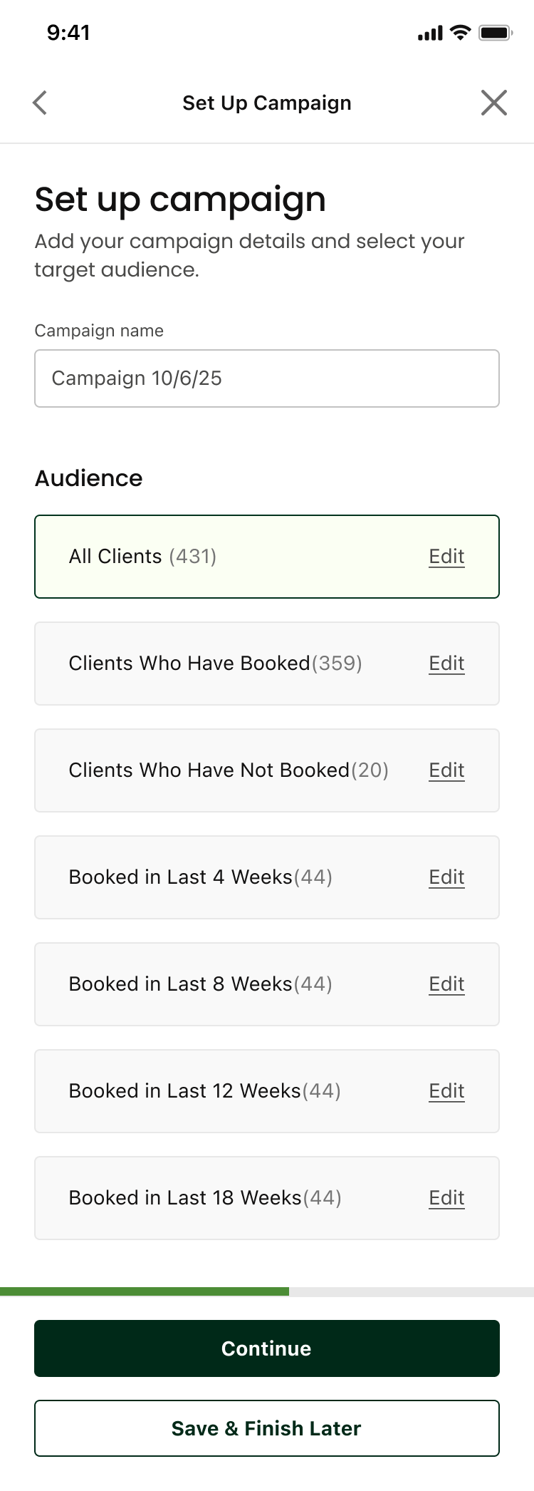 StyleSeat Set up campaign screen listing audience segments with live client counts: All Clients, Clients Who Have Booked, Clients Who Have Not Booked, and Booked in Last 4, 8, 12 and 18 Weeks