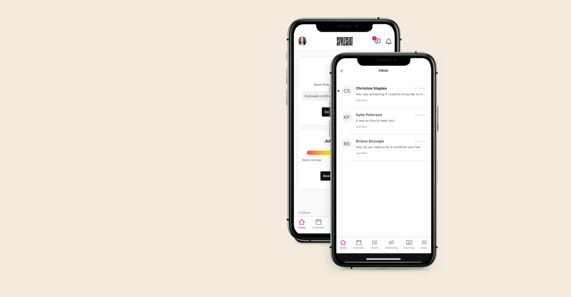 The StyleSeat app showing a shareable booking link and the pro message inbox on two phones